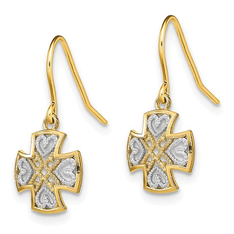 14k Yellow Gold Dangle Earrings with Maltese Cross and Heart Design, Christian Religious Jewelry