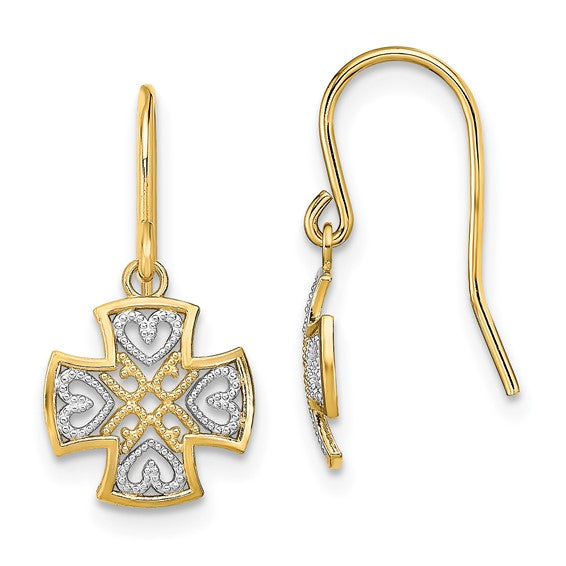 14k Yellow Gold Dangle Earrings with Maltese Cross and Heart Design, Christian Religious Jewelry