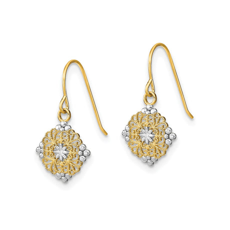14k Yellow Gold Dangle Earrings, Vintage Floral Medallion with Filigree Lattice and Beaded Edges