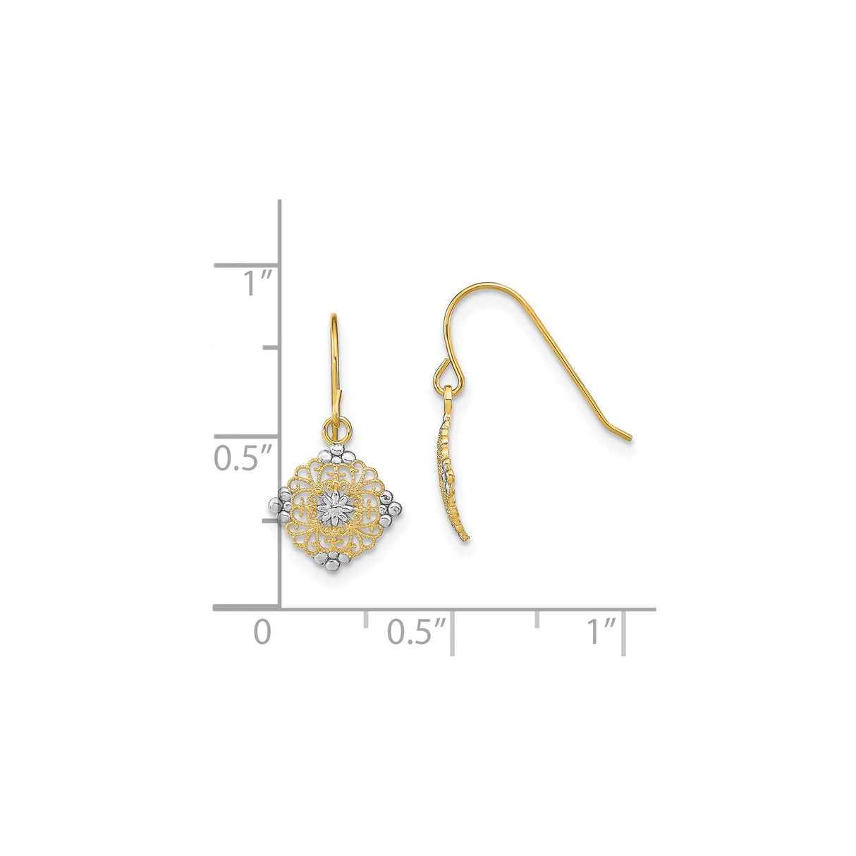 14k Yellow Gold Dangle Earrings, Vintage Floral Medallion with Filigree Lattice and Beaded Edges