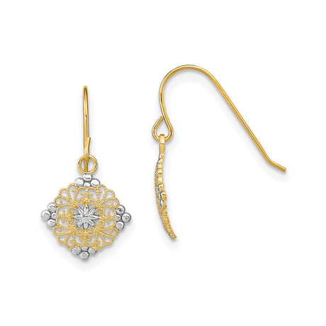 14k Yellow Gold Dangle Earrings, Vintage Floral Medallion with Filigree Lattice and Beaded Edges