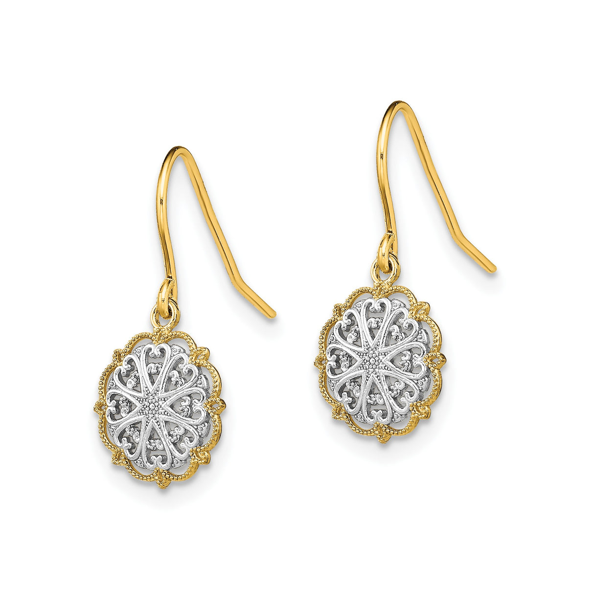 14k Two-Tone Gold Mandala Dangle Earrings with Filigree Floral Design