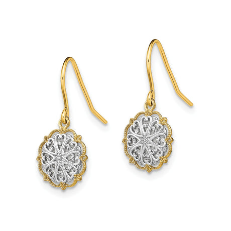 14k Two-Tone Gold Mandala Dangle Earrings with Filigree Floral Design