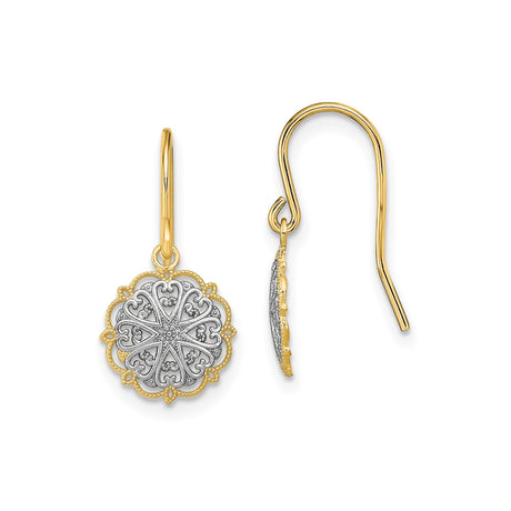 14k Two-Tone Gold Mandala Dangle Earrings with Filigree Floral Design