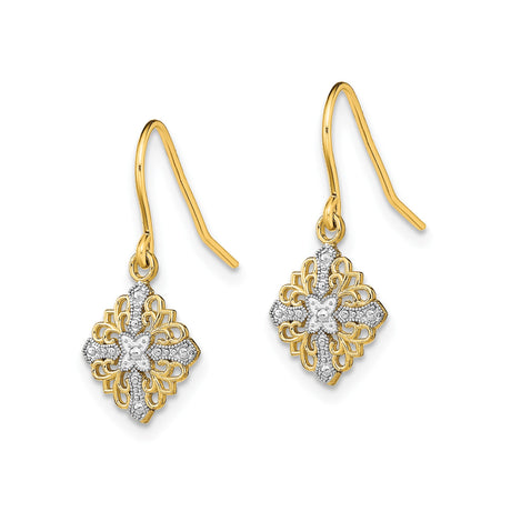 14k Yellow Gold Cross Dangle Earrings with Rhodium Filigree and Fleur-de-Lis Accents for Women