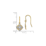 14k Yellow Gold Cross Dangle Earrings with Rhodium Filigree and Fleur-de-Lis Accents for Women