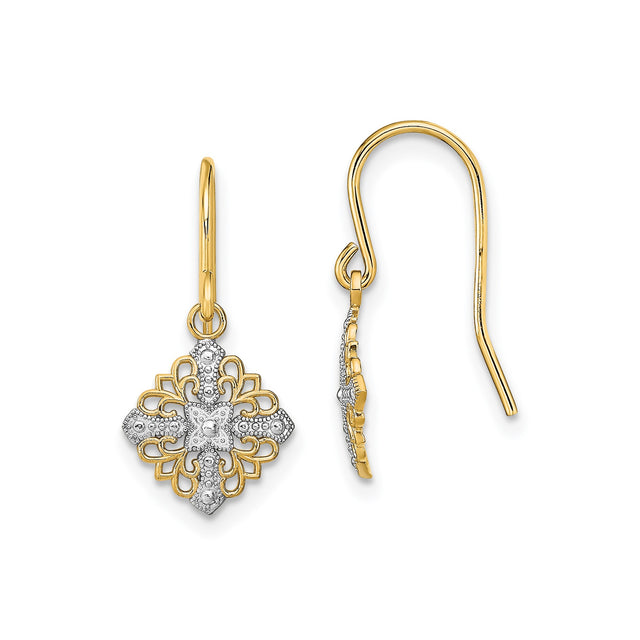 14k Yellow Gold Cross Dangle Earrings with Rhodium Filigree and Fleur-de-Lis Accents for Women