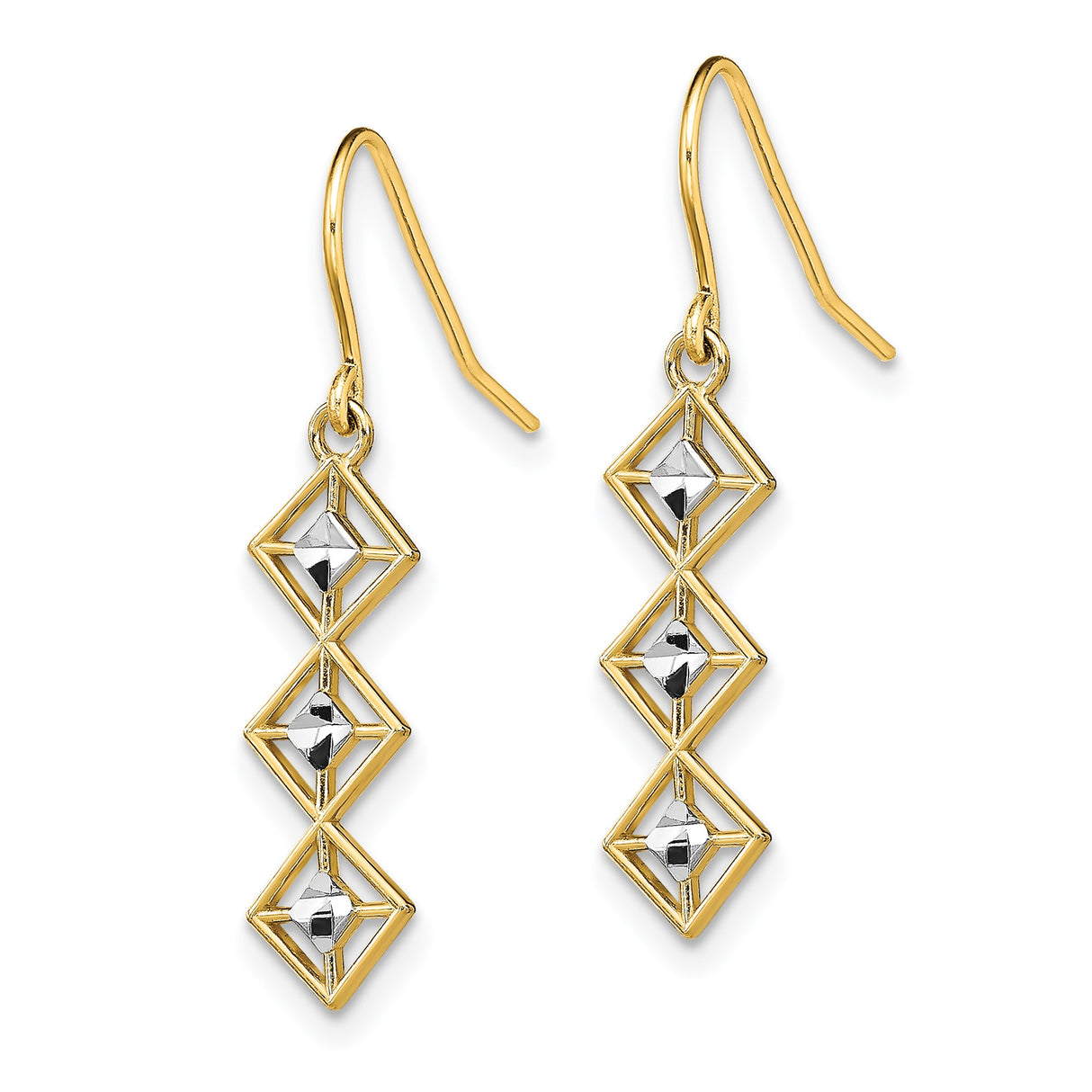 14k Yellow Gold Dangle Earrings, Geometric Drop Design with Diamond-Cut Centers, Two-Tone Style