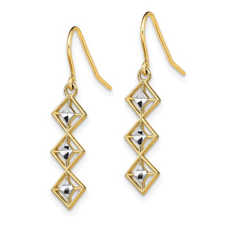 14k Yellow Gold Dangle Earrings, Geometric Drop Design with Diamond-Cut Centers, Two-Tone Style