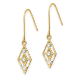 14k Yellow Gold Dangle Earrings with Geometric Openwork Diamond Shape and Rhodium Accents