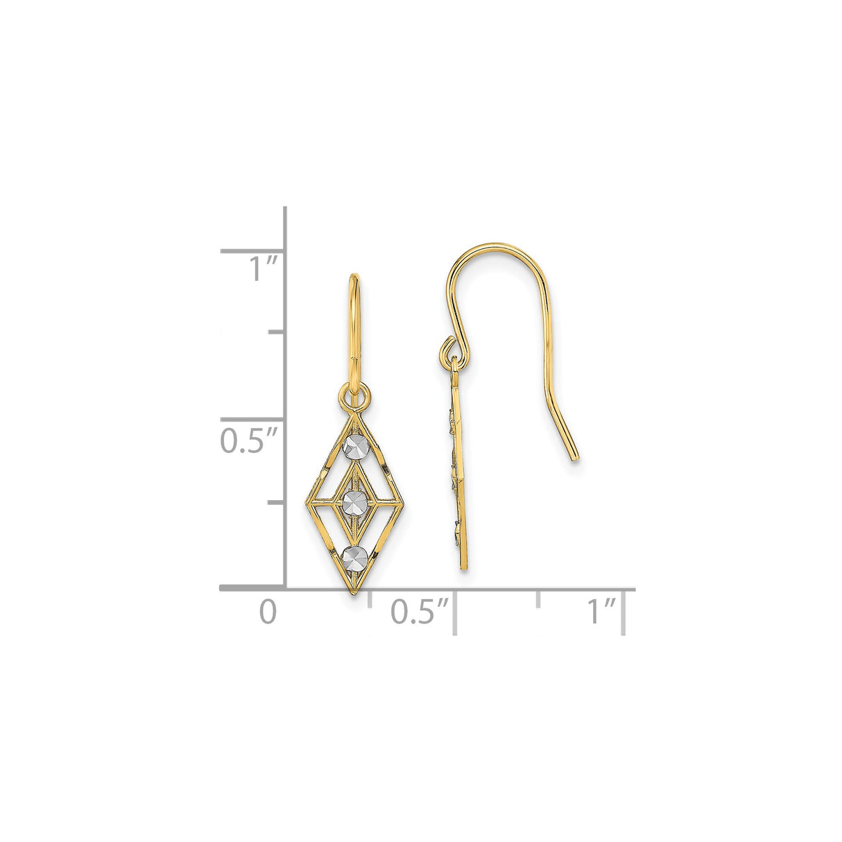 14k Yellow Gold Dangle Earrings with Geometric Openwork Diamond Shape and Rhodium Accents