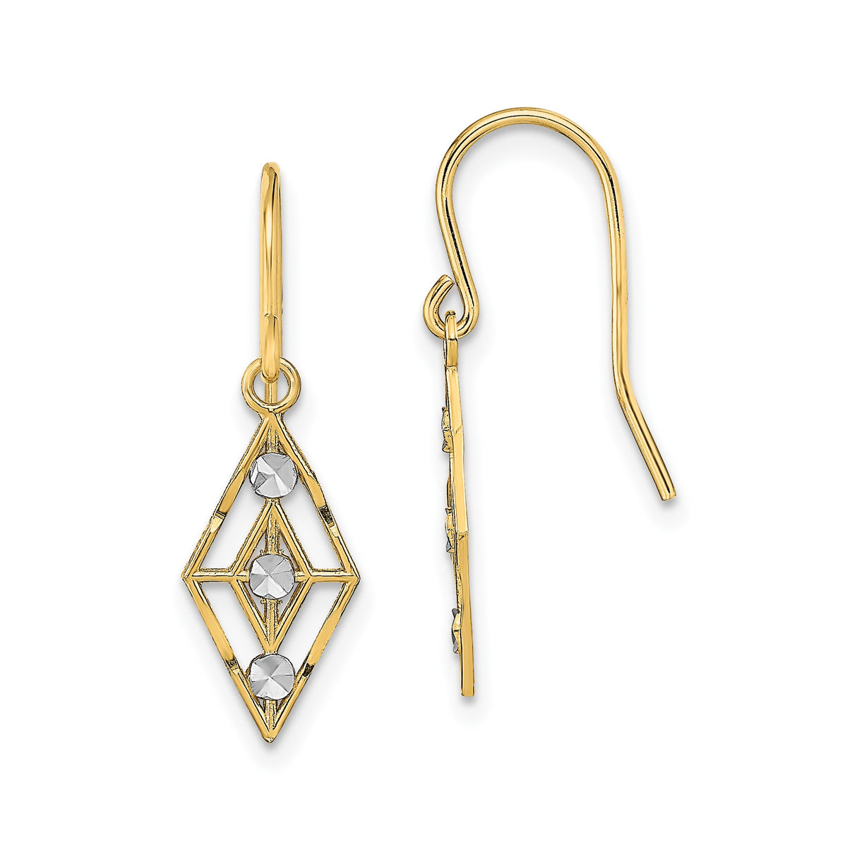 14k Yellow Gold Dangle Earrings with Geometric Openwork Diamond Shape and Rhodium Accents