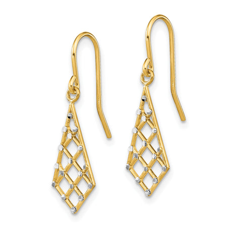 14k Yellow Gold Drop Earrings with Rhodium, Textured Lattice Geometric Design, Two-Tone Dangle Style