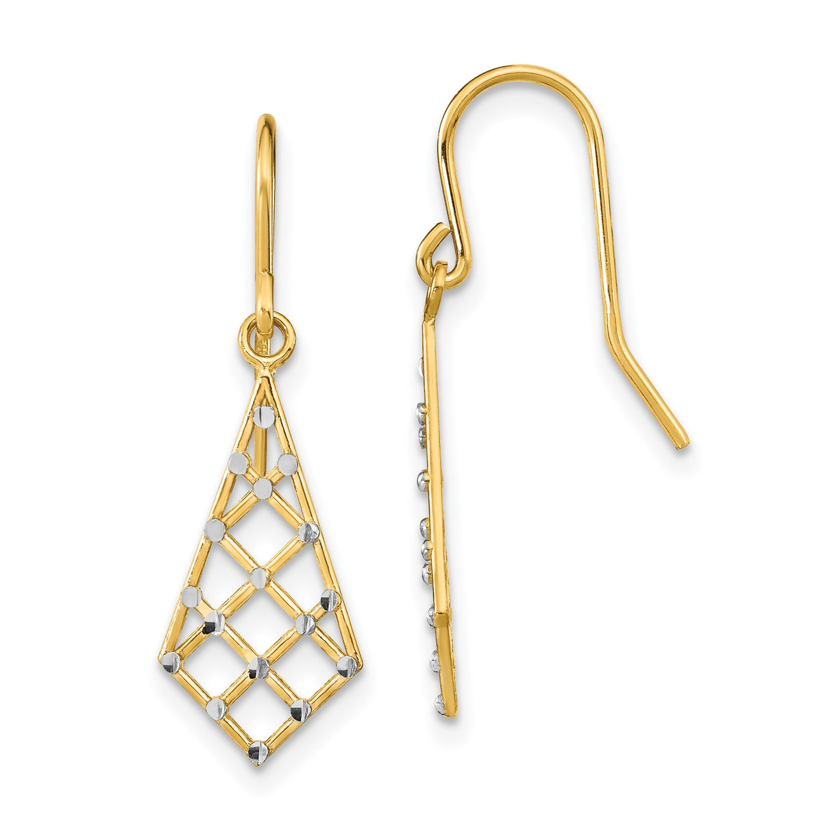 14k Yellow Gold Drop Earrings with Rhodium, Textured Lattice Geometric Design, Two-Tone Dangle Style