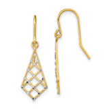 14k Yellow Gold Drop Earrings with Rhodium, Textured Lattice Geometric Design, Two-Tone Dangle Style
