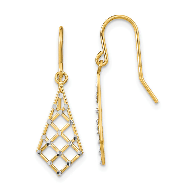 14k Yellow Gold Drop Earrings with Rhodium, Textured Lattice Geometric Design, Two-Tone Dangle Style