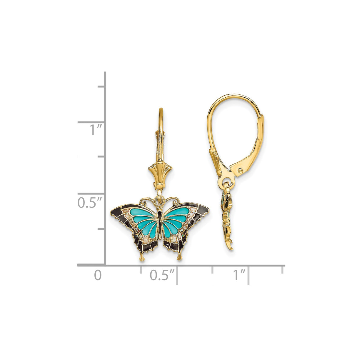 14k Yellow Gold Butterfly Dangle Earrings with Blue and Black Enamel Accents