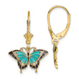 14k Yellow Gold Butterfly Dangle Earrings with Blue and Black Enamel Accents