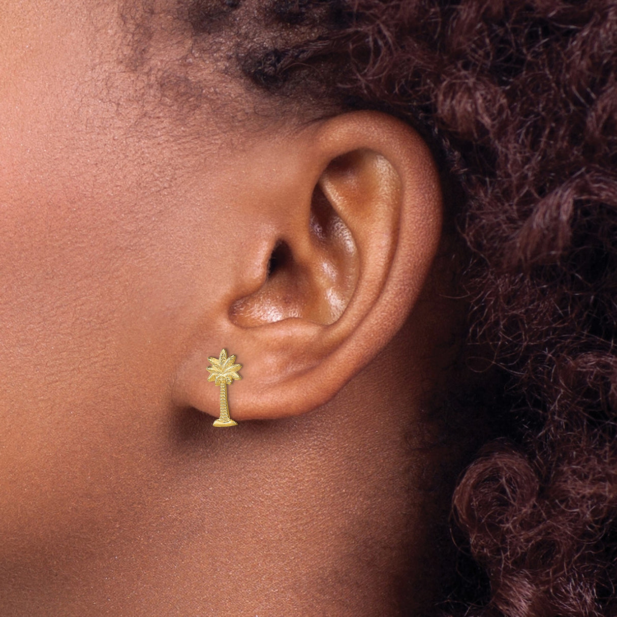14k Yellow Gold Palm Tree Stud Earrings, Tropical Island Style Beach Jewelry for Women