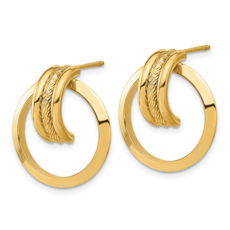 14k Yellow Gold Triple Hoop Drop Earrings, Polished and Textured Geometric Circles for Women