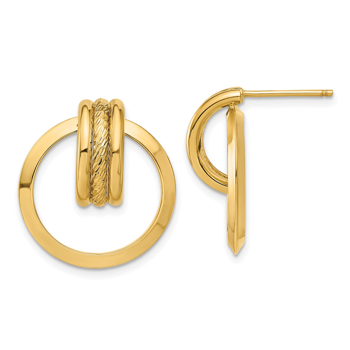 14k Yellow Gold Triple Hoop Drop Earrings, Polished and Textured Geometric Circles for Women