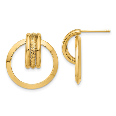 14k Yellow Gold Triple Hoop Drop Earrings, Polished and Textured Geometric Circles for Women