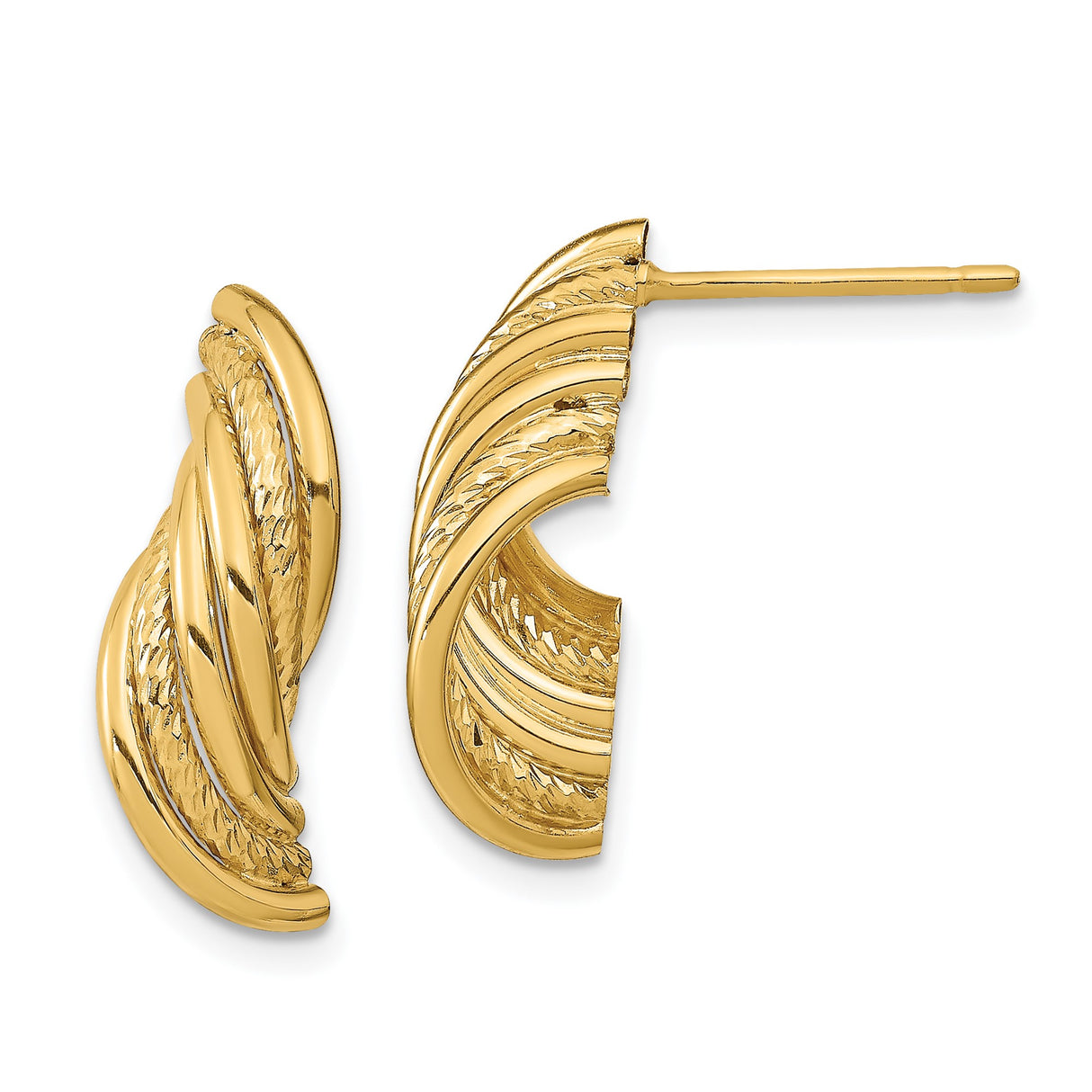 14k Yellow Gold Hoop Earrings with Twisted Textured Design and Diamond Cut Detailing