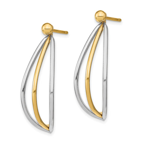 14k Yellow Gold Drop Earrings, Dual-Tone Teardrop Design with Curved Metal for Women