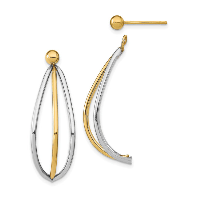 14k Yellow Gold Drop Earrings, Dual-Tone Teardrop Design with Curved Metal for Women
