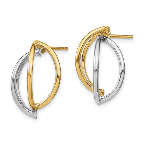 14k Yellow Gold Stud Earrings, Two-Tone Open Loop Design, Lightweight Modern Style