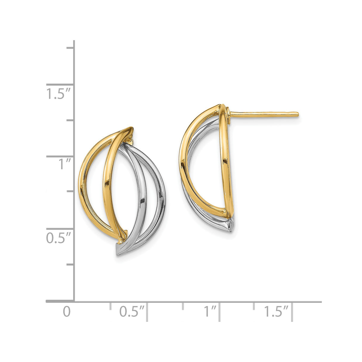 14k Yellow Gold Stud Earrings, Two-Tone Open Loop Design, Lightweight Modern Style