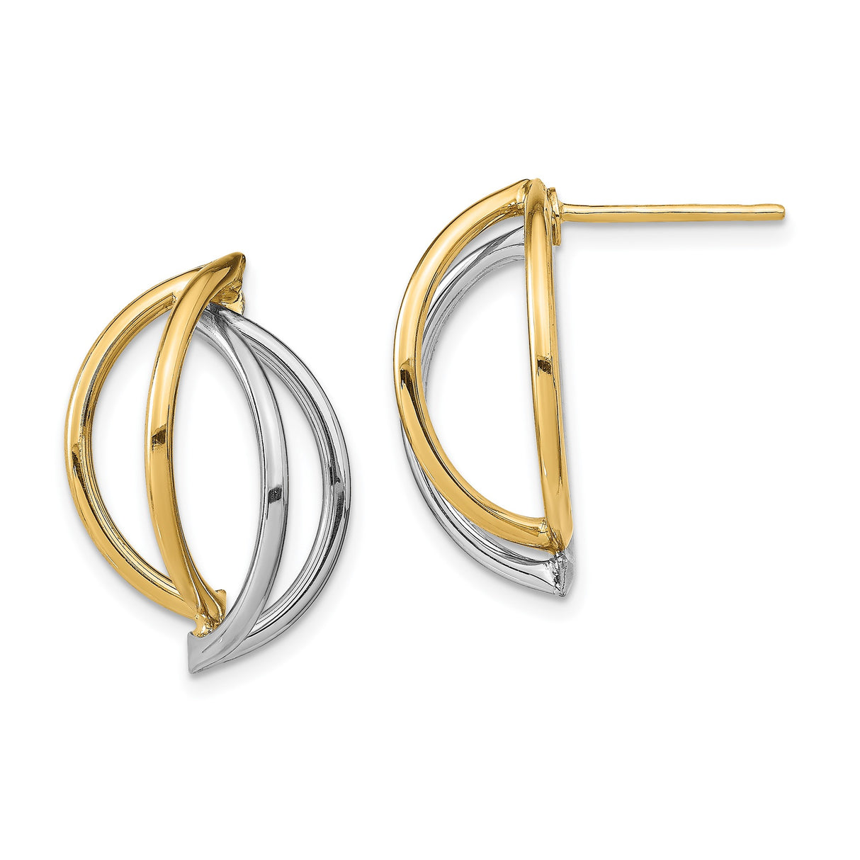 14k Yellow Gold Stud Earrings, Two-Tone Open Loop Design, Lightweight Modern Style