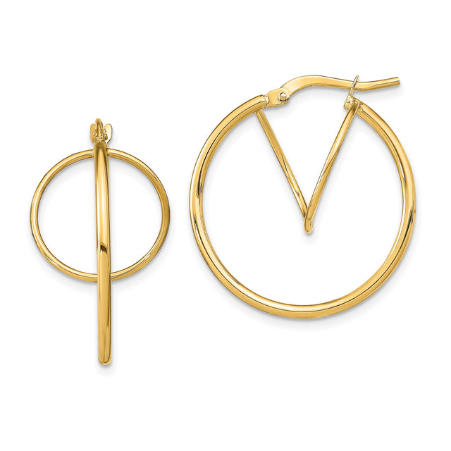 14k Yellow Gold Hoop Earrings with Geometric Bar and Circle Design, Modern Minimalist Style