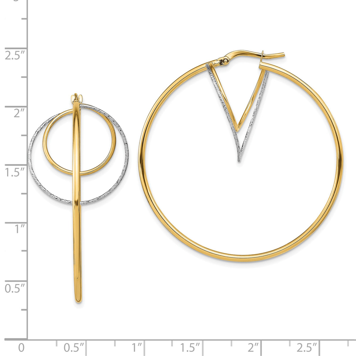14k Yellow Gold Asymmetrical Hoop Earrings, Two-Tone Geometric Design with Polished and Textured Finish