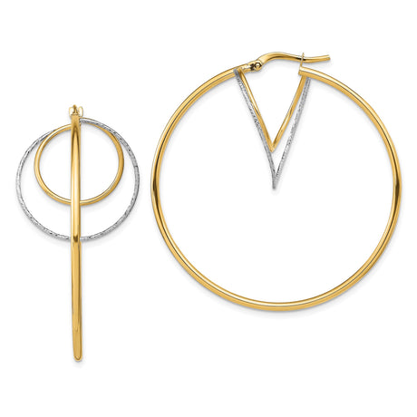 14k Yellow Gold Asymmetrical Hoop Earrings, Two-Tone Geometric Design with Polished and Textured Finish