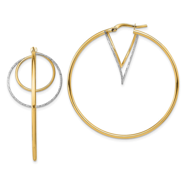 14k Yellow Gold Asymmetrical Hoop Earrings, Two-Tone Geometric Design with Polished and Textured Finish