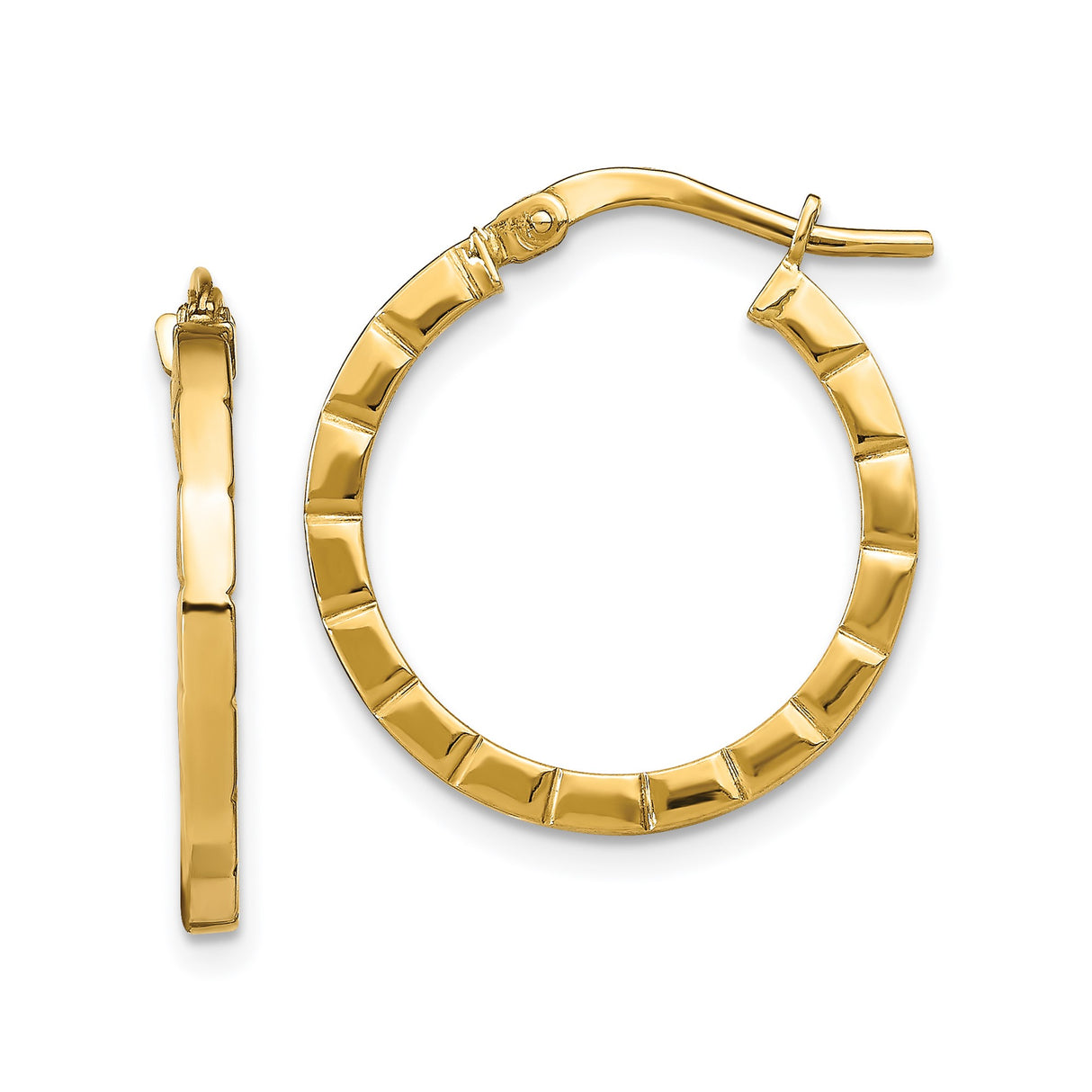 14k Yellow Gold Hoop Earrings with Ridged Textured Design and Latch Back Closure
