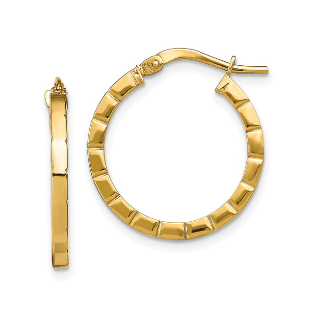 14k Yellow Gold Hoop Earrings with Ridged Textured Design and Latch Back Closure