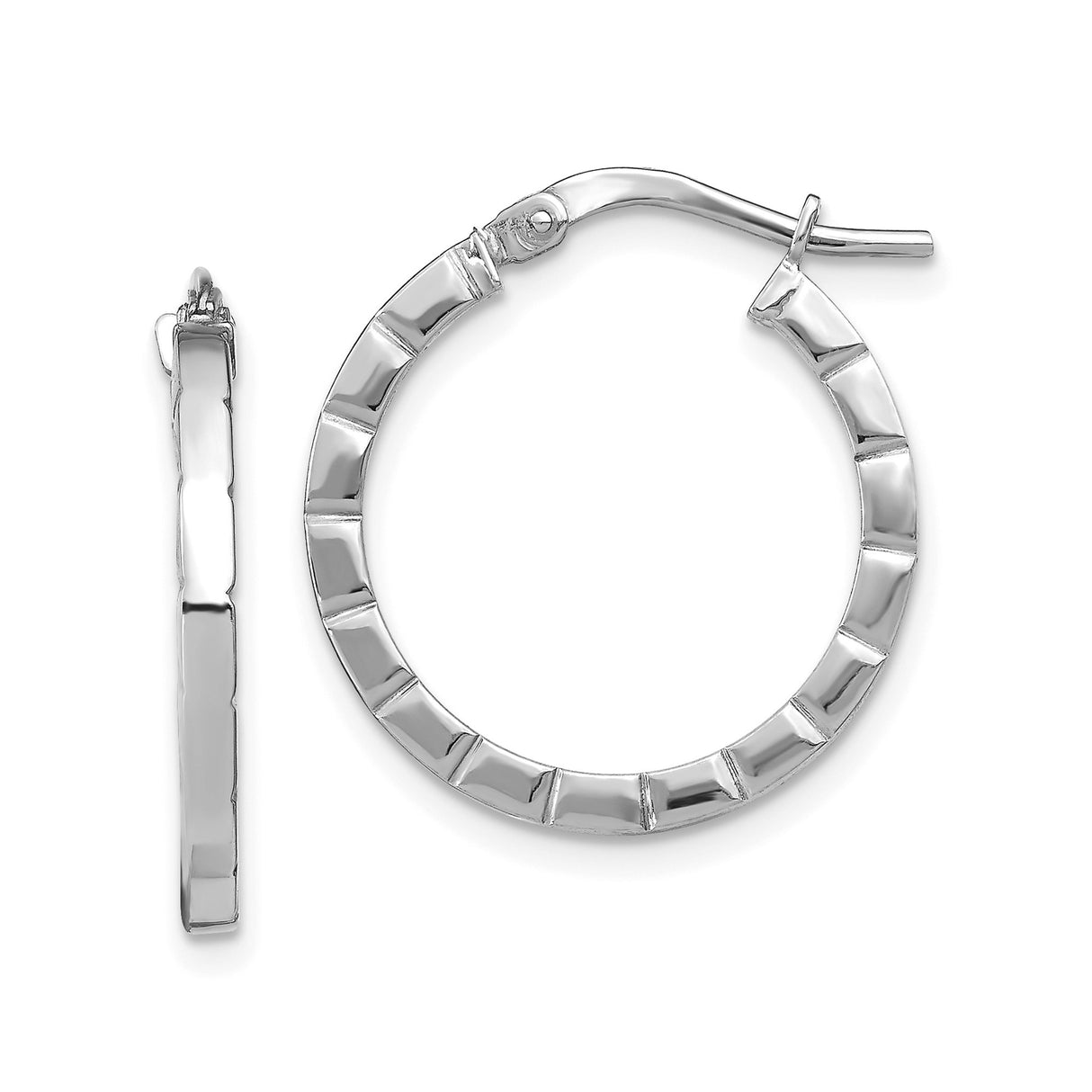 14k White Gold Hoop Earrings with Faceted Design and Polished Finish