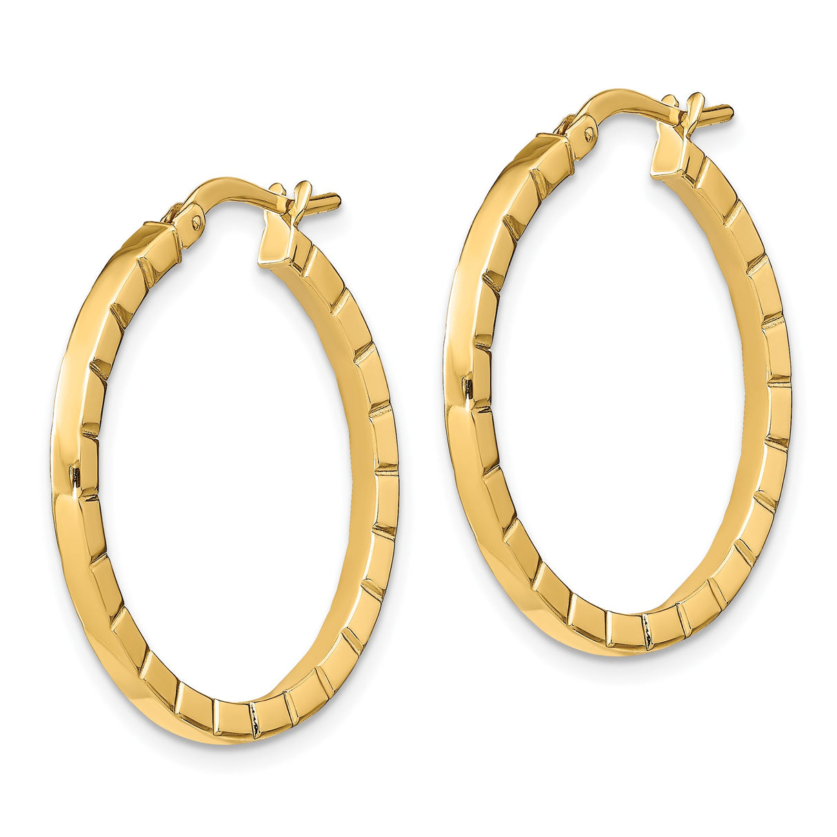 14k Yellow Gold Hoop Earrings, Polished Ridged Texture, Lightweight Classic Design