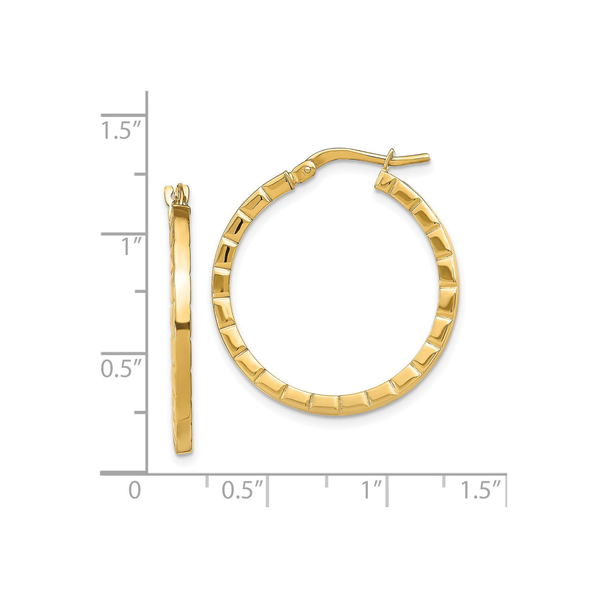 14k Yellow Gold Hoop Earrings, Polished Ridged Texture, Lightweight Classic Design