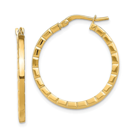 14k Yellow Gold Hoop Earrings, Polished Ridged Texture, Lightweight Classic Design