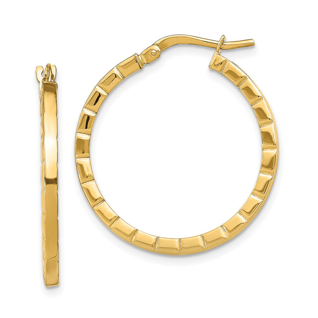 14k Yellow Gold Hoop Earrings, Polished Ridged Texture, Lightweight Classic Design