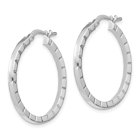 14k White Gold Hoop Earrings, Polished Textured Rectangle with Hinged Backs for Women