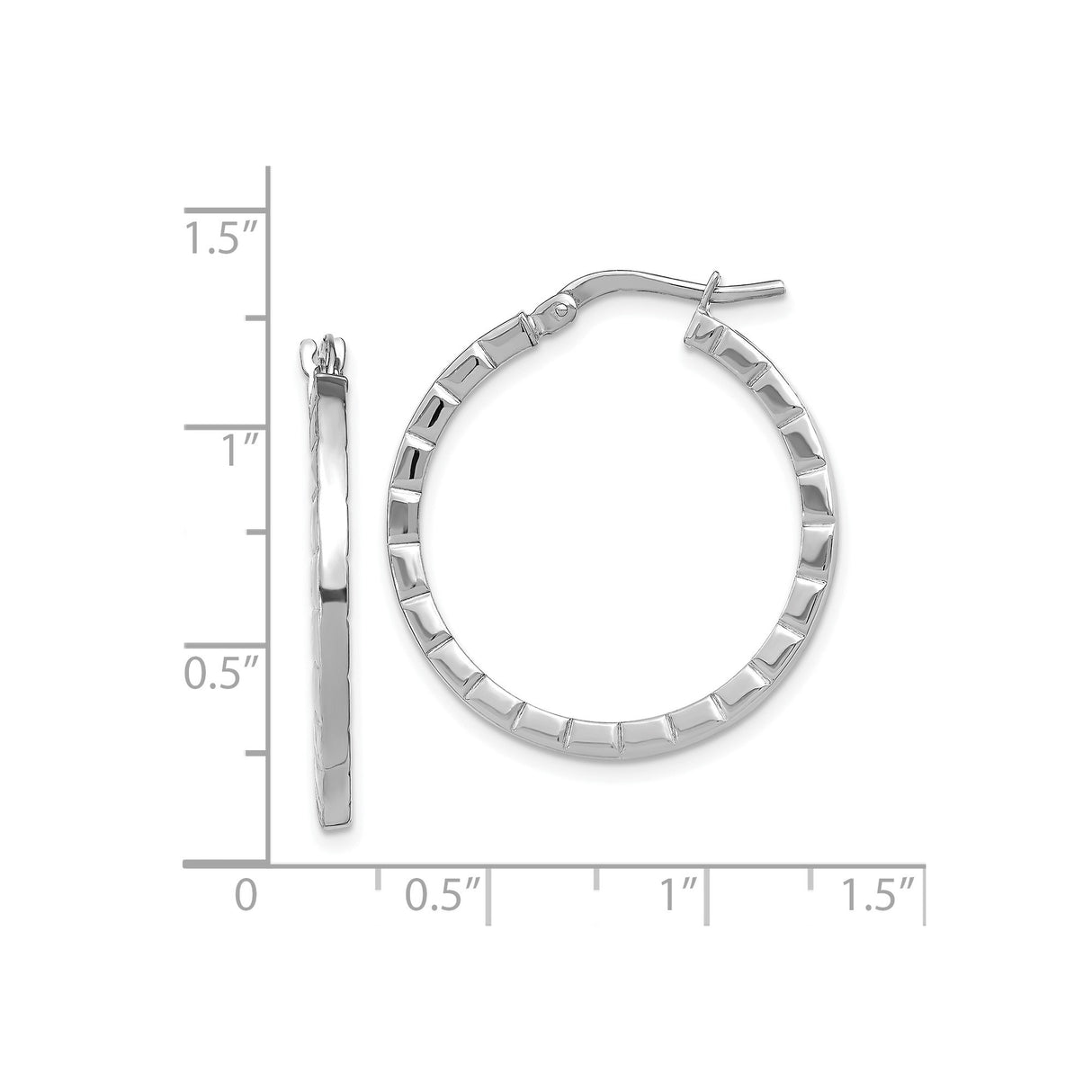 14k White Gold Hoop Earrings, Polished Textured Rectangle with Hinged Backs for Women