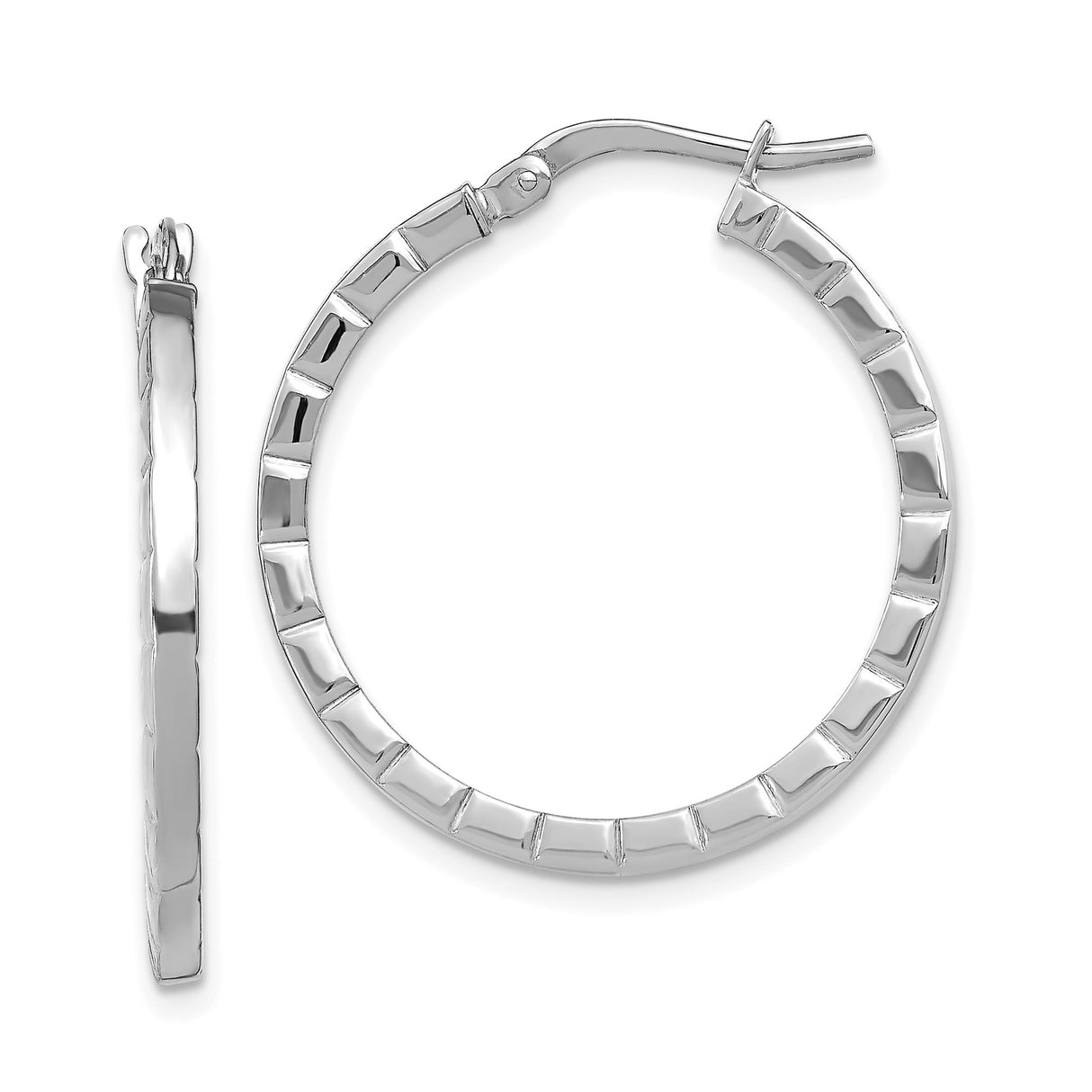 14k White Gold Hoop Earrings, Polished Textured Rectangle with Hinged Backs for Women