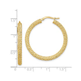14k Yellow Gold Hoop Earrings, Textured Round Design with Diamond Cut Finish