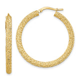 14k Yellow Gold Hoop Earrings, Textured Round Design with Diamond Cut Finish