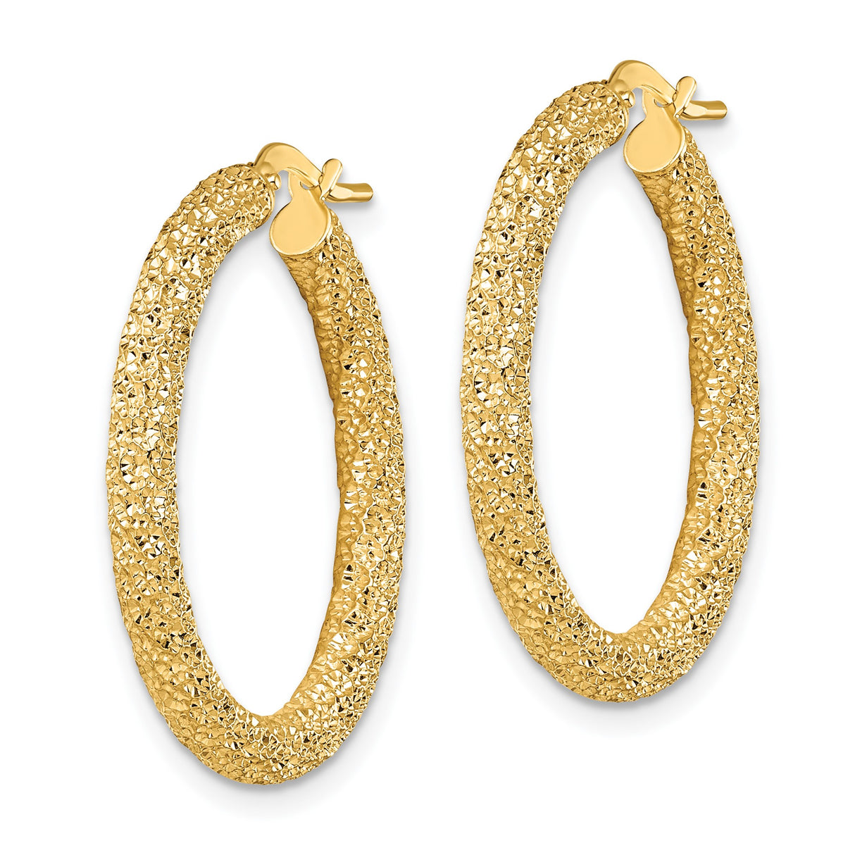 14k Yellow Gold Hoop Earrings, Textured Glitter Finish, Bold Lightweight Design for Women