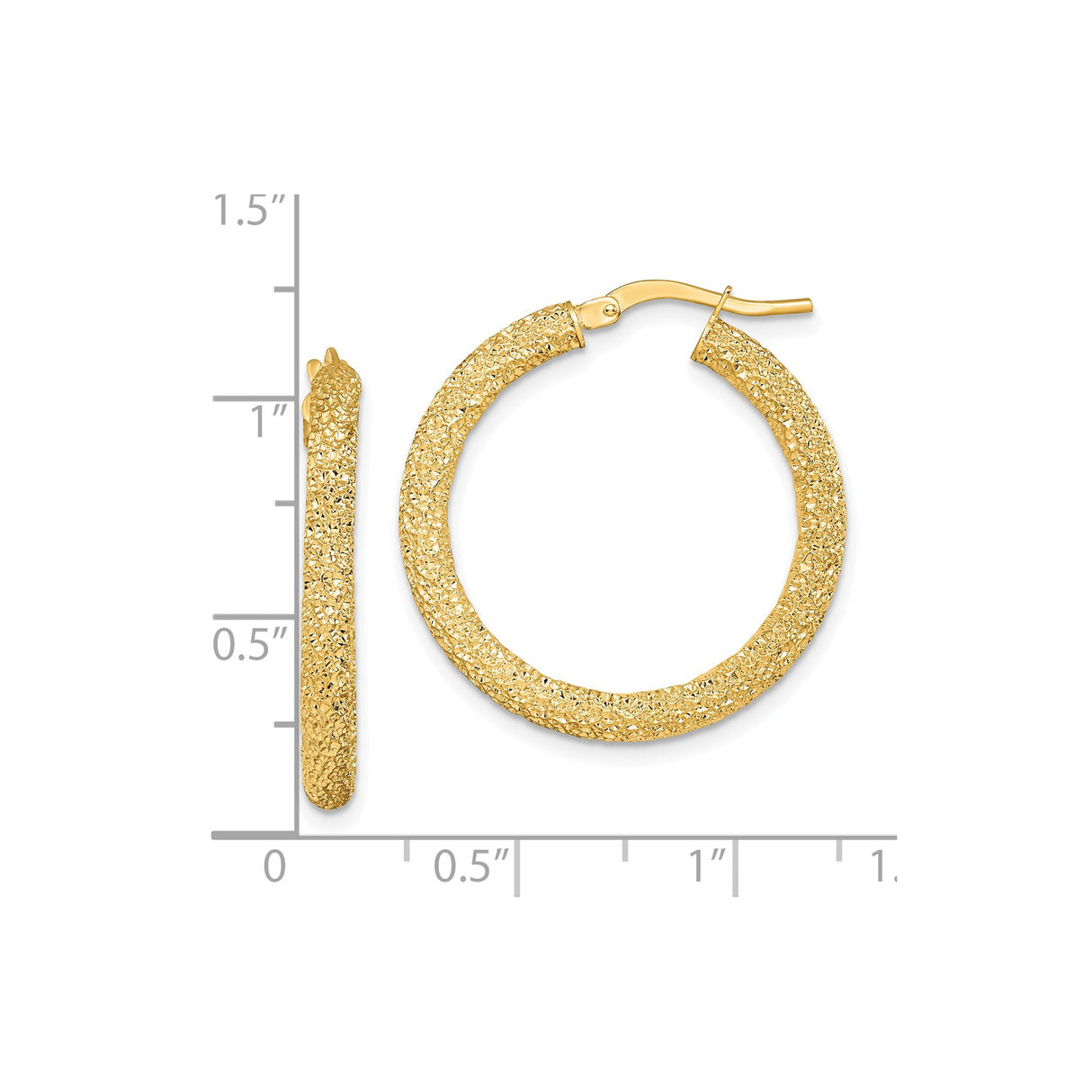 14k Yellow Gold Hoop Earrings, Textured Glitter Finish, Bold Lightweight Design for Women